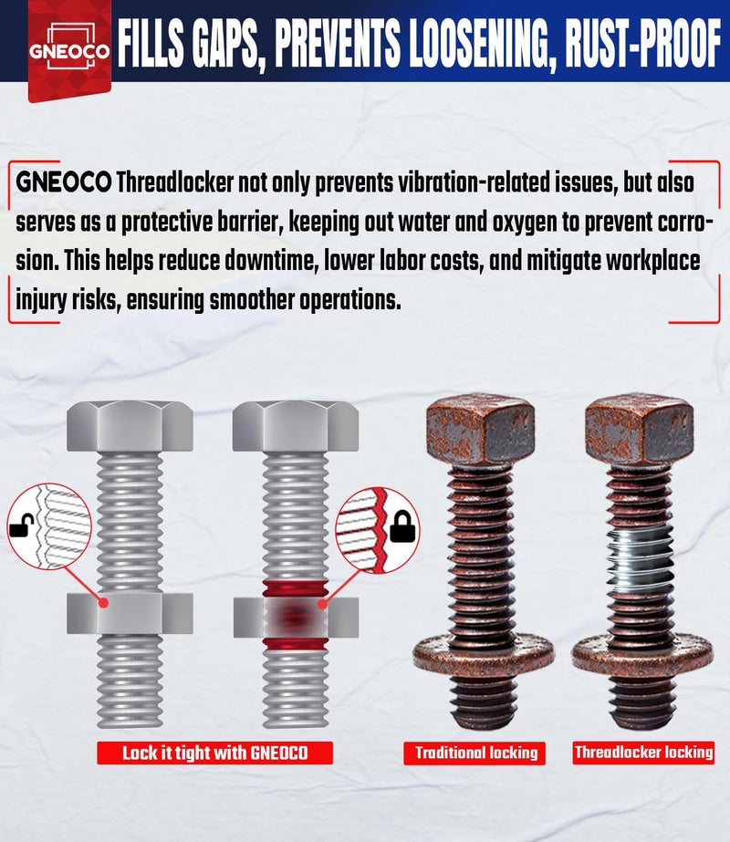 GNEOCO ThreadLocker Blue and Red, Thread Lock Medium High Strength Lock Tight for Nuts, Bolts, Fasteners and Metals, Anaerobic Curing Metal Glue to Prevent Loosening and Corrosion (M243 H271-100ml) - Image 4